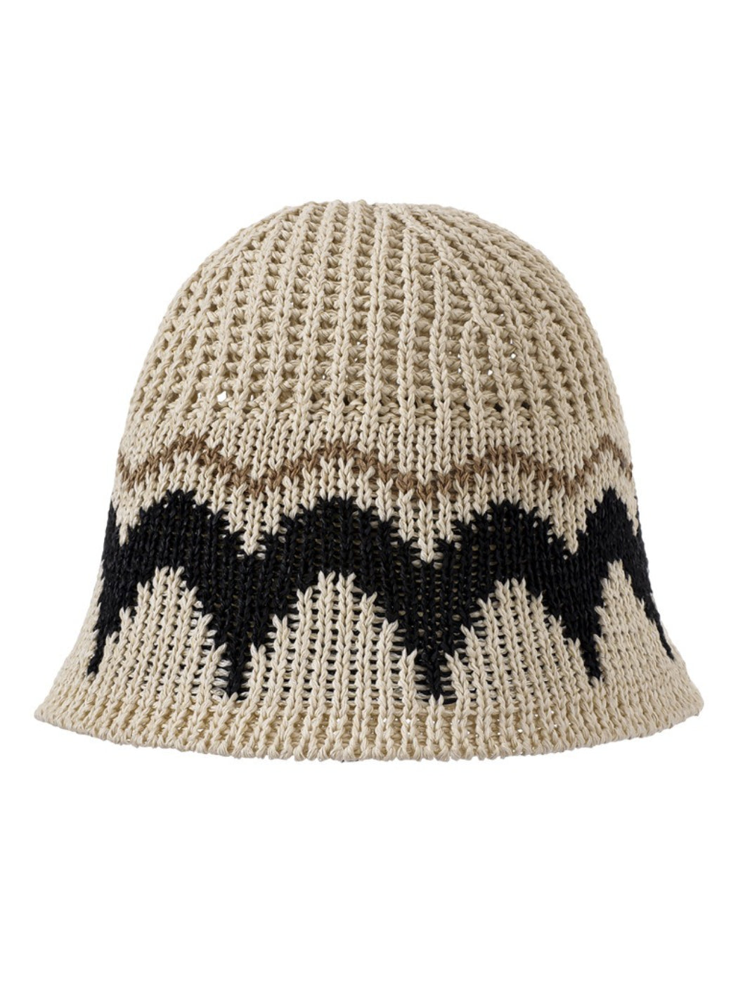 Haila wave pattern knit bucket hat in beige and brown tones, front view