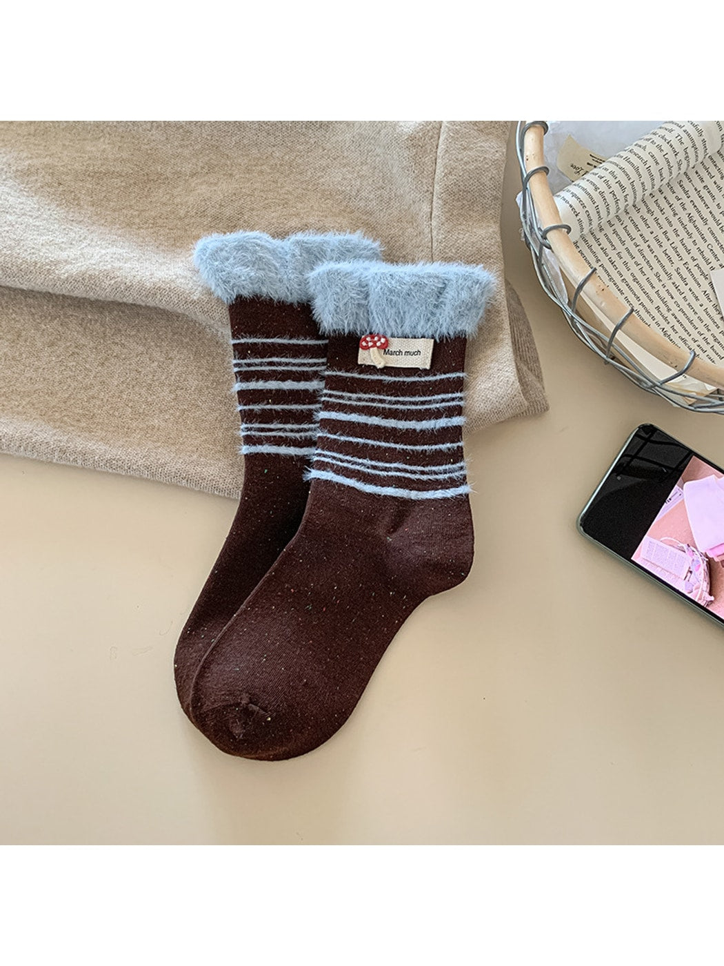 Rufia - Mushroom Label Plush Cuffs Striped Crew Socks