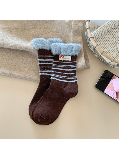 Rufia - Mushroom Label Plush Cuffs Striped Crew Socks