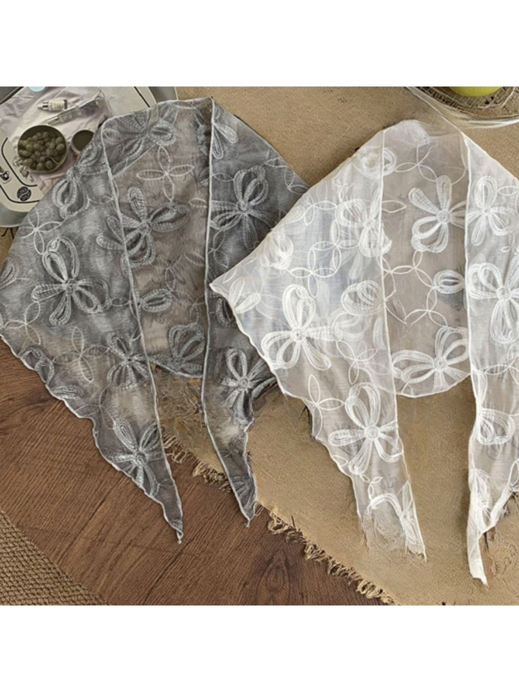 Scarvii - Bow Embroidered Sheer Triangle Scarf - Sweet & Airy