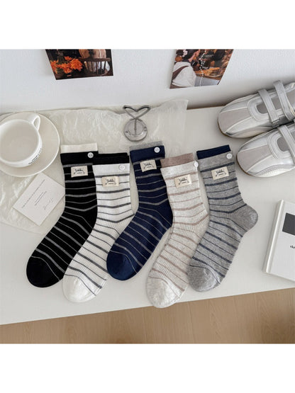 Rufia Button Cuff Ribbed Stripe Socks pattern detail