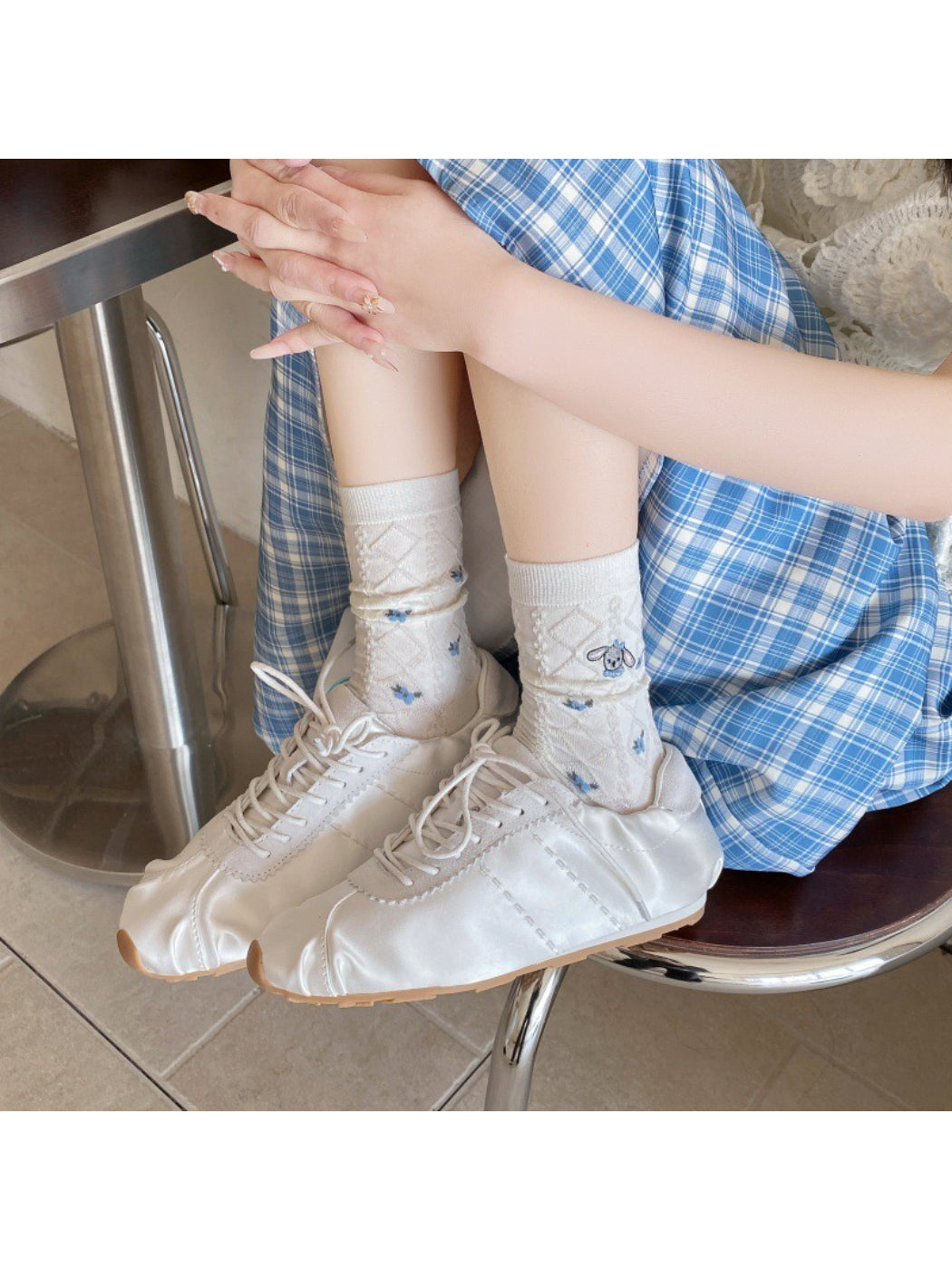 Rufia Sweet Blue Grey crew socks worn on feet showing fit and length