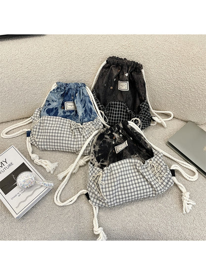 Cosbai casual patchwork drawstring backpack bag in multicolor fabric with front pocket
