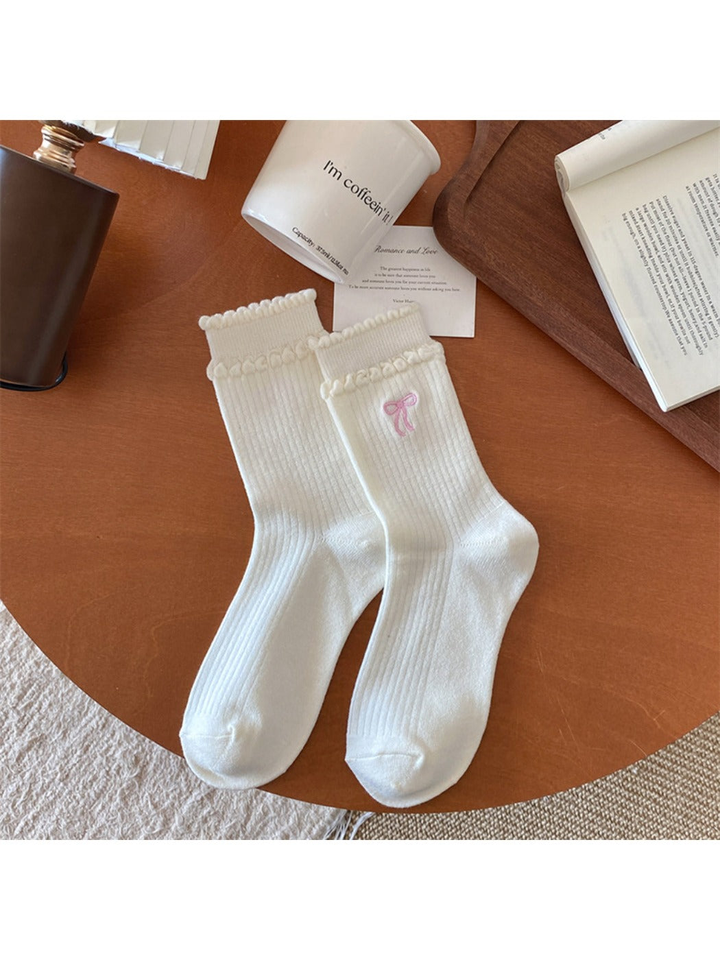 Rufia - Winter Mid-Calf Socks with Bow & Heart Print