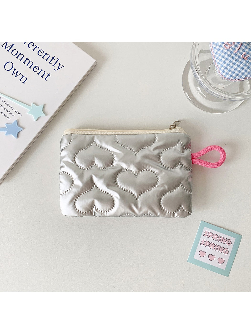 Cosbai - Quilted Heart Pattern Zip Pouch Bag