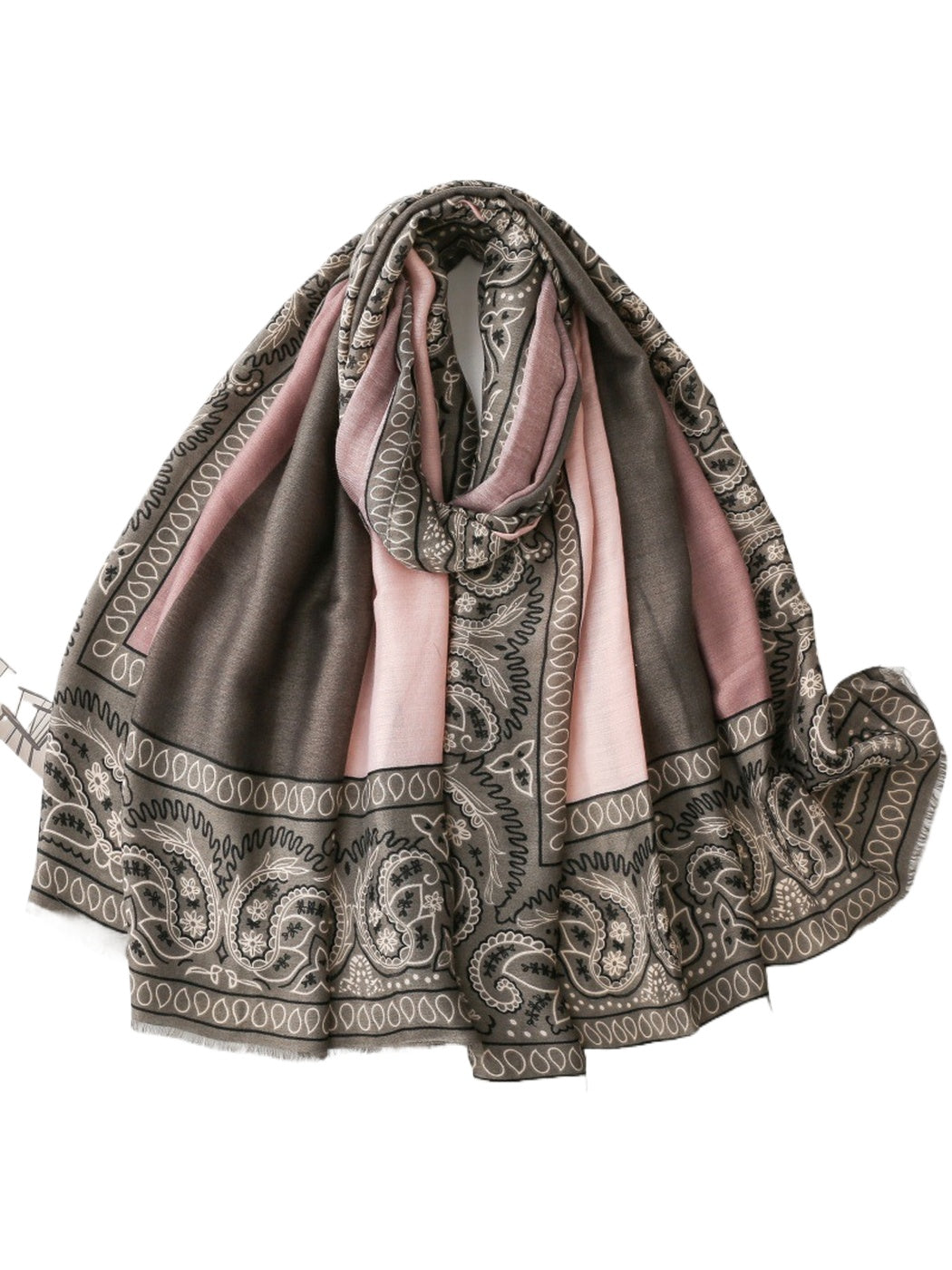 Scarvii - Color-Block Paisley Fringed Wrap Scarf