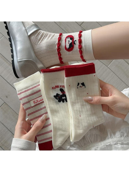 Rufia - Playful Cat Embroidered Ribbed Crew Socks