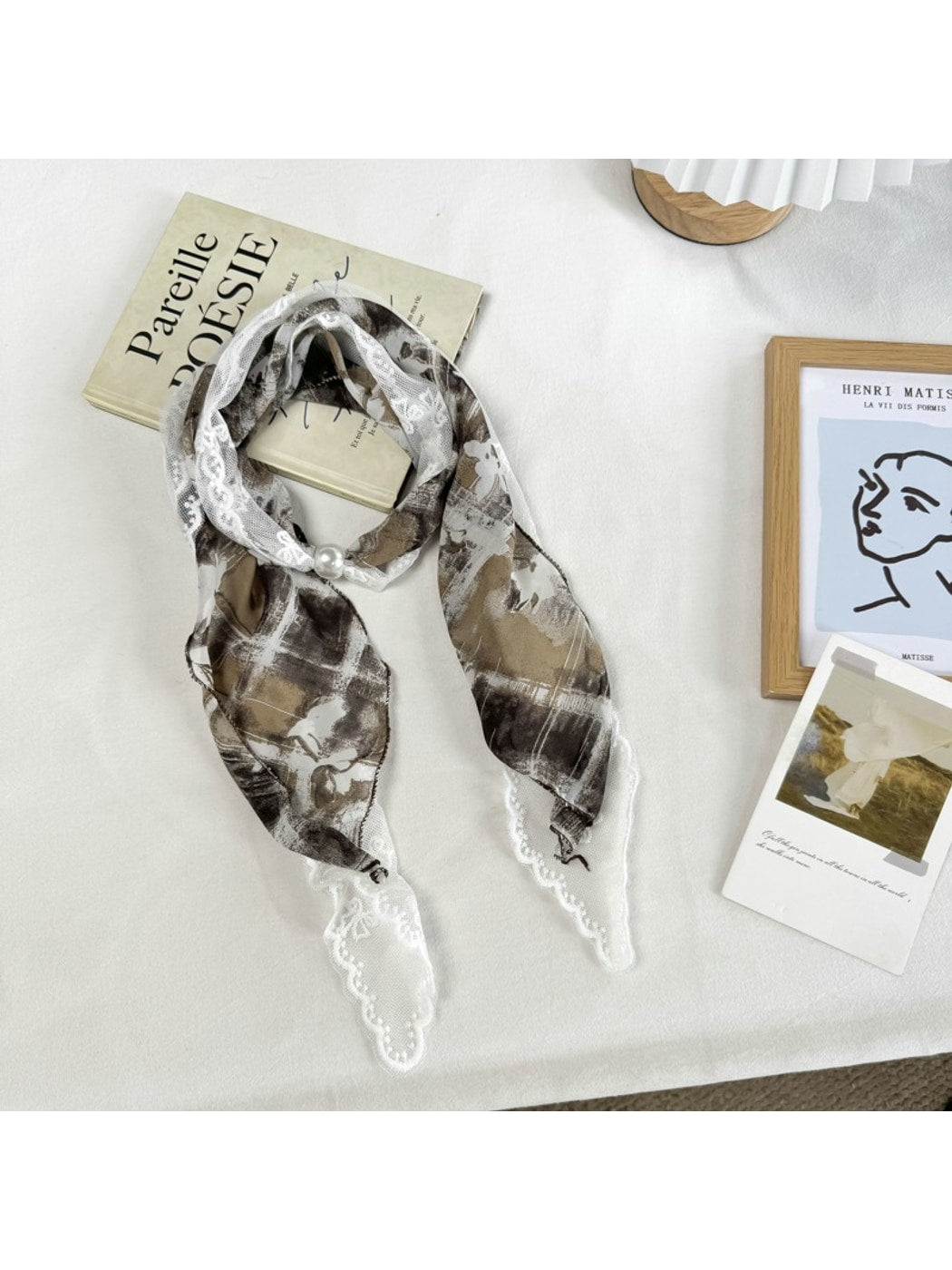 Scarvii - Polka Dot Lace-Edge Long Narrow Neck Scarf