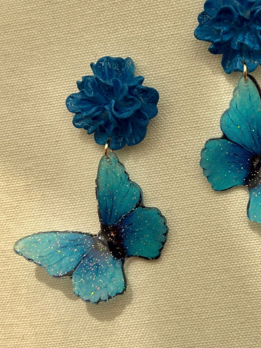 Earwish -  Blue Butterfly & Flower Earrings