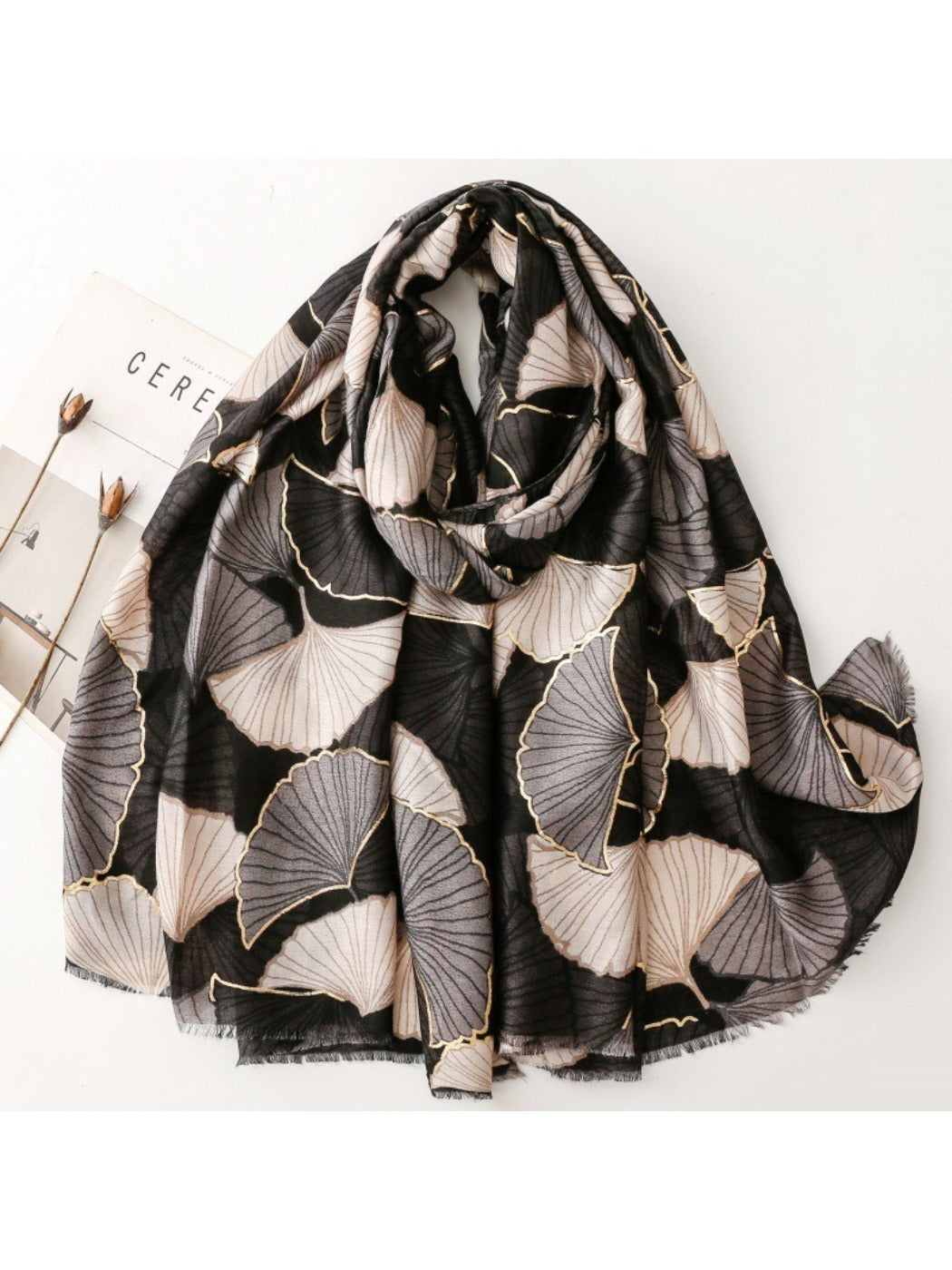 Scarvii - Winter Scarf & Shawl with Gold Foil Gingko Leaf Pattern