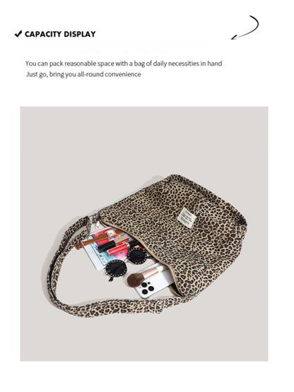 Cosbai - Large Capacity Single-shoulder Canvas Bag with Leopard Print