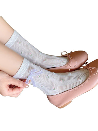 Rufia - Floral Bow Detail Openwork Crew Socks