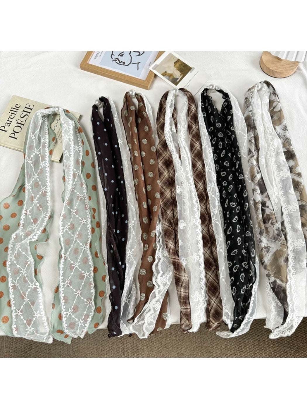 Scarvii - Polka Dot Lace-Edge Long Narrow Neck Scarf