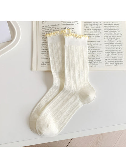 Rufia - Pastel Ruffle Edge Cable Knit Crew Socks