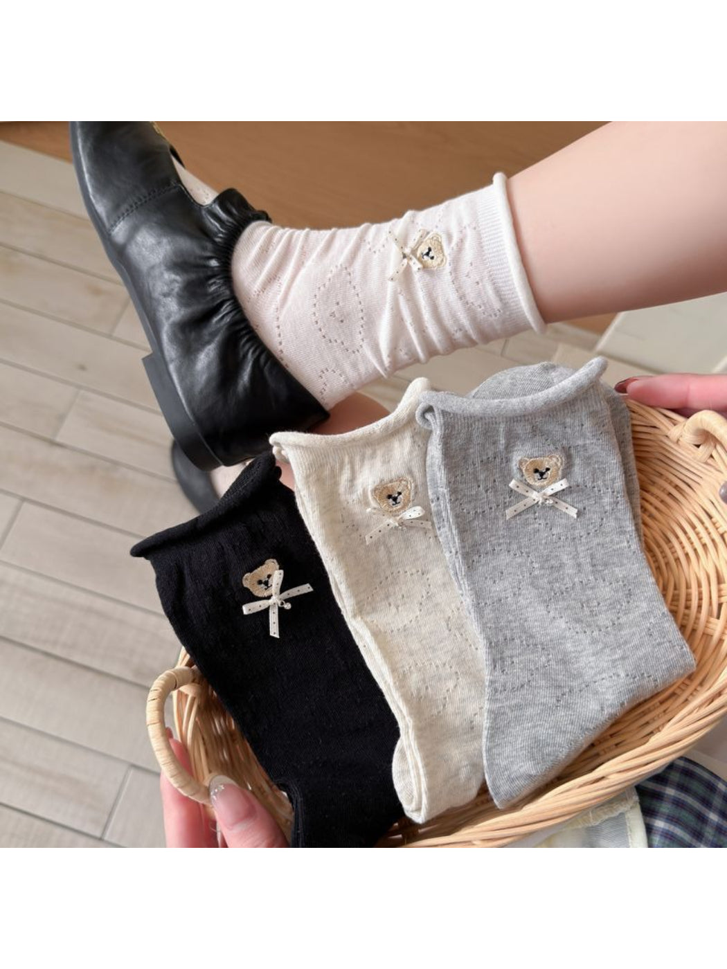 Pair of Rufia Everyday Teddy Crew Socks in beige with ribbed cuffs