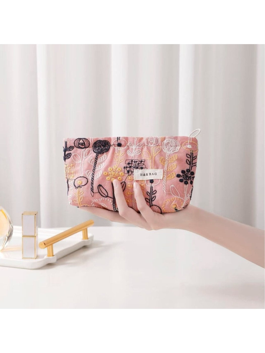 Cosbai - Floral Embroidered Zippered Makeup Bag
