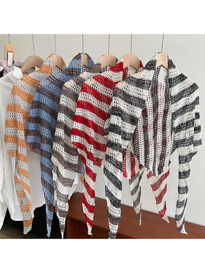 Scarvii open knit striped triangle scarf in neutral tones displayed flat