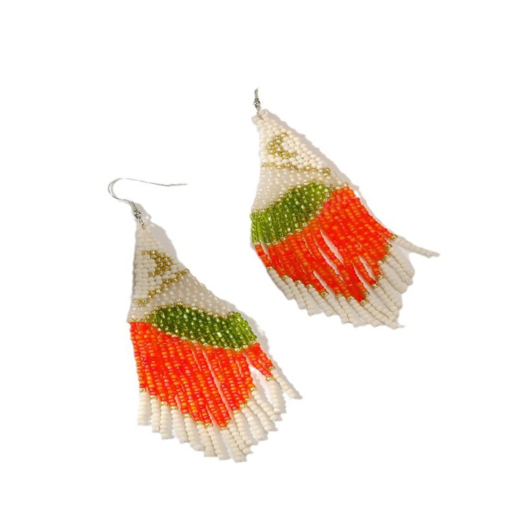Earwish - Boho Orange & White Beaded Tassel Earrings - Playful & Blod
