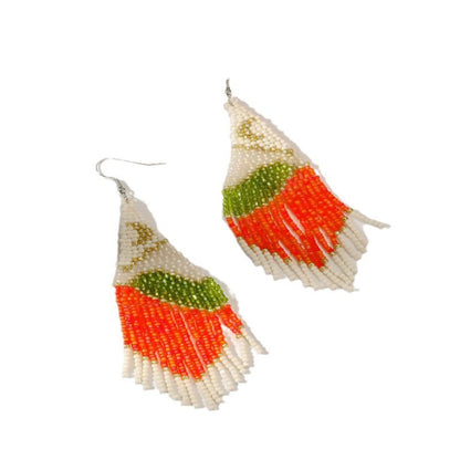 Earwish - Boho Orange & White Beaded Tassel Earrings - Playful & Blod