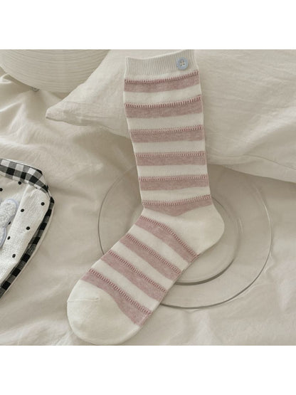 Model wearing Rufia button detail stripe crew socks with casual shoes
