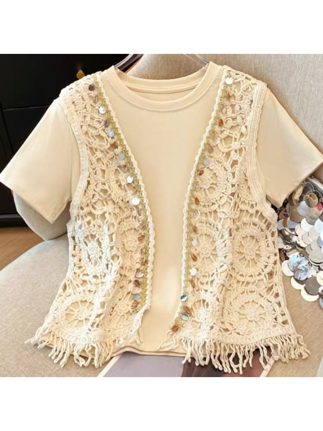 Crosa - Open Front Sequin Hollow Out Knit Fringe Vest