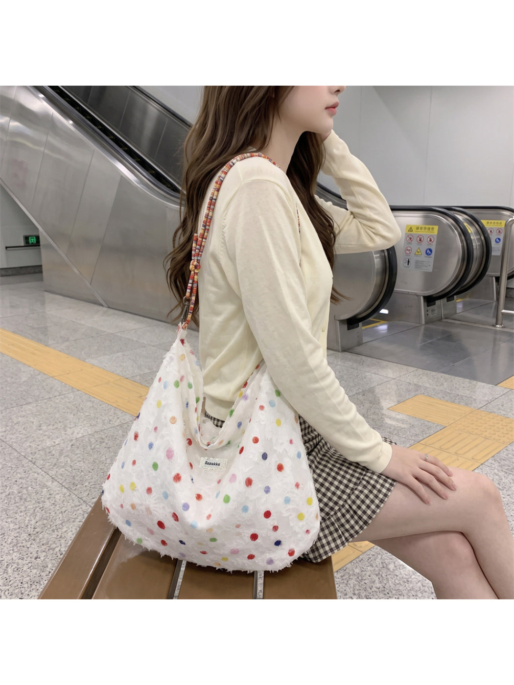 Cosbai - Polka Dot Textured Rope Strap Hobo Bag