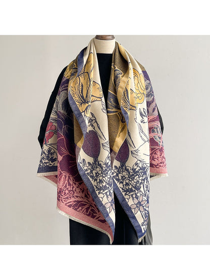 Scarvii - Contrast-Border Botanical Fringed Shawl