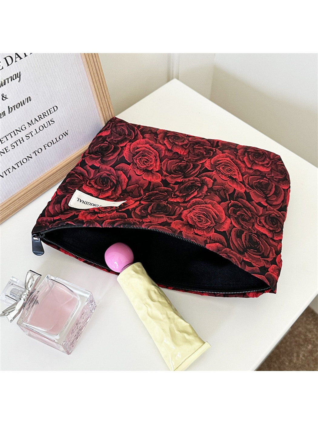 Cosbai - Rose Pattern Zipper Cosmetic Organizer Bag