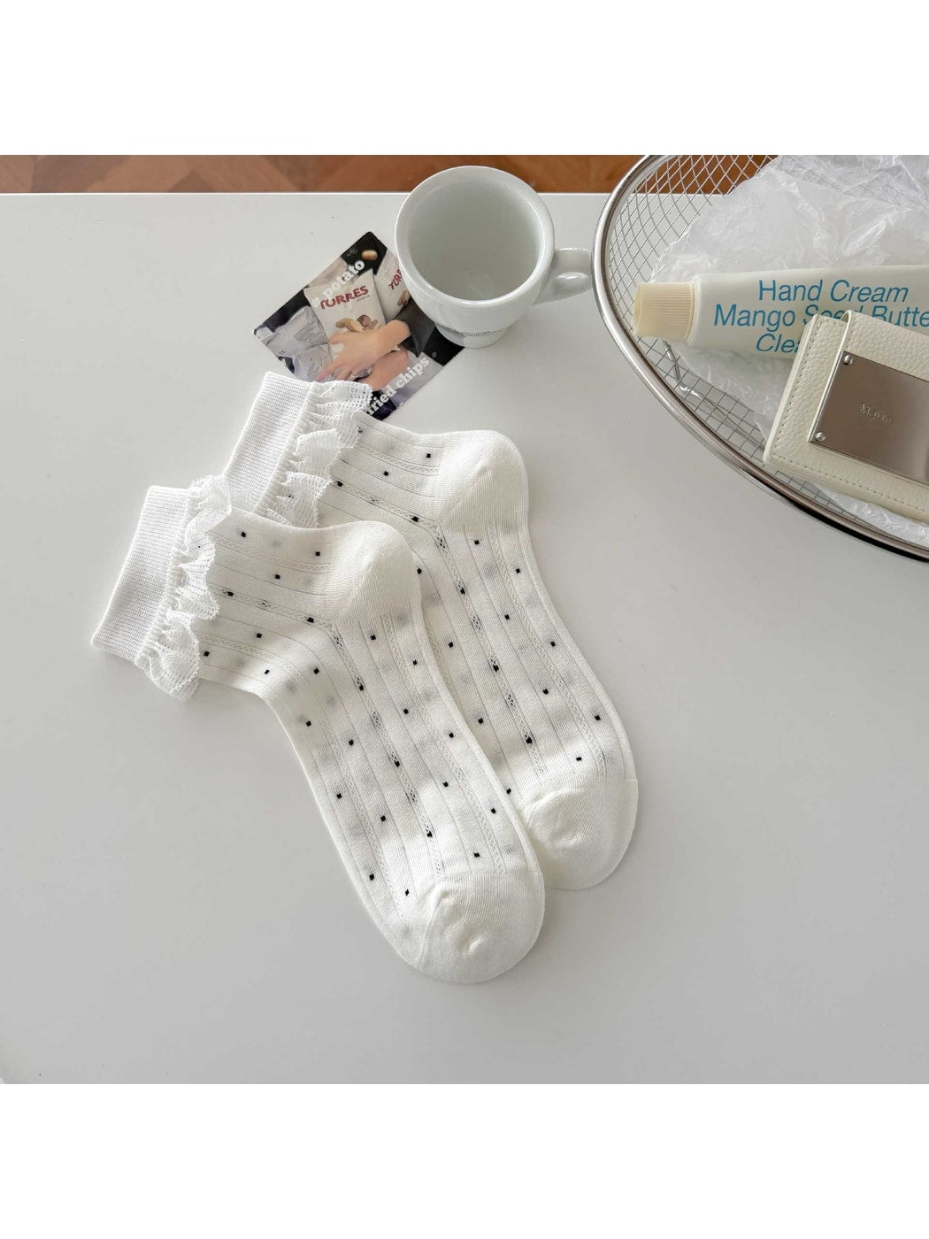 Rufia - Polka Dot Ruffle Lace Trim Crew Socks