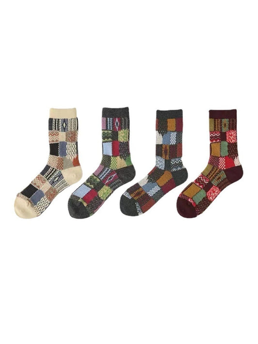 Rufia - Patchwork Plaid Pattern Casual Crew Socks
