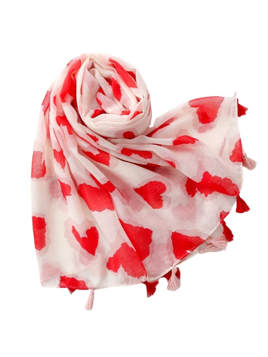 Model wearing Scarvii Heart Print Tassel Scarf styled around the neck