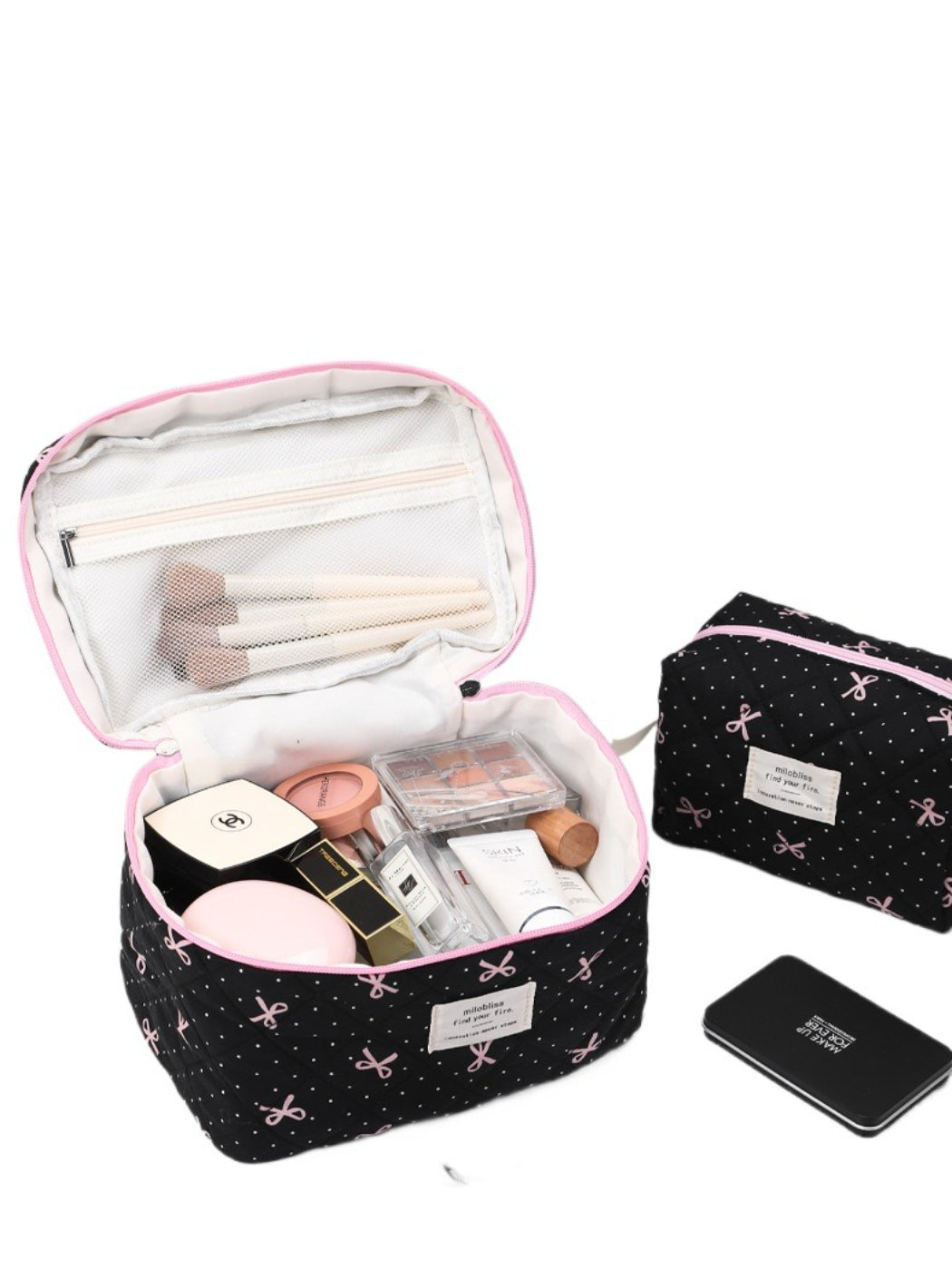 Cosbai - Quilted Cosmetic Bag with Bow Pattern and Handle detail view 4