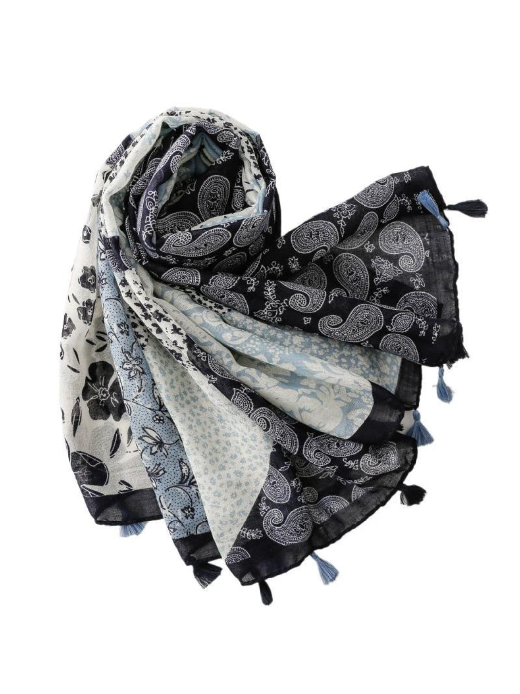 Scarvii - Blue Patchwork Paisley Tassel Wrap Scarf
