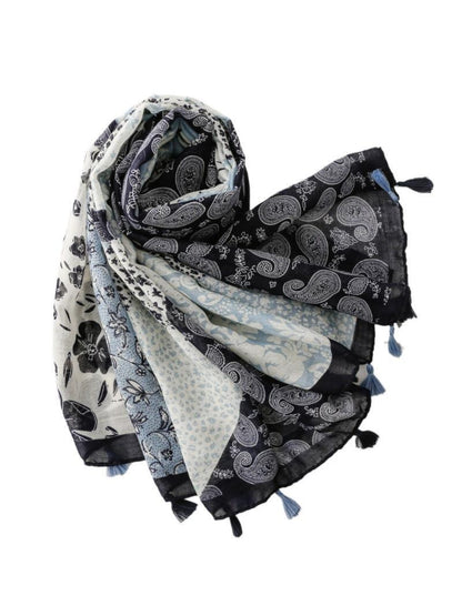 Scarvii - Blue Patchwork Paisley Tassel Wrap Scarf
