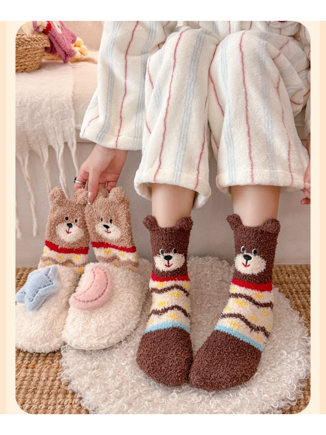 Rufia - Bear Face Fuzzy Ear-Edge Crew Socks