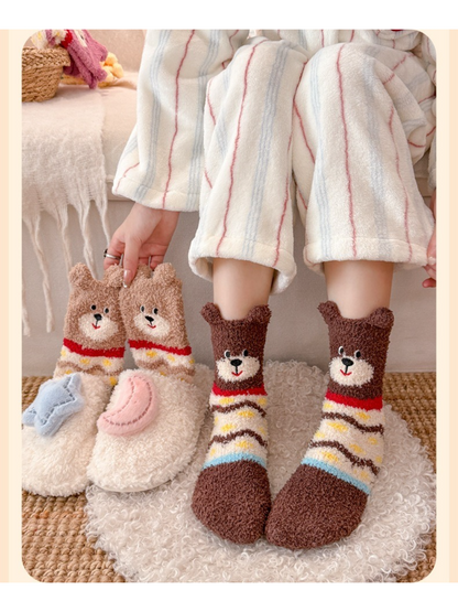 Rufia - Bear Face Fuzzy Ear-Edge Crew Socks
