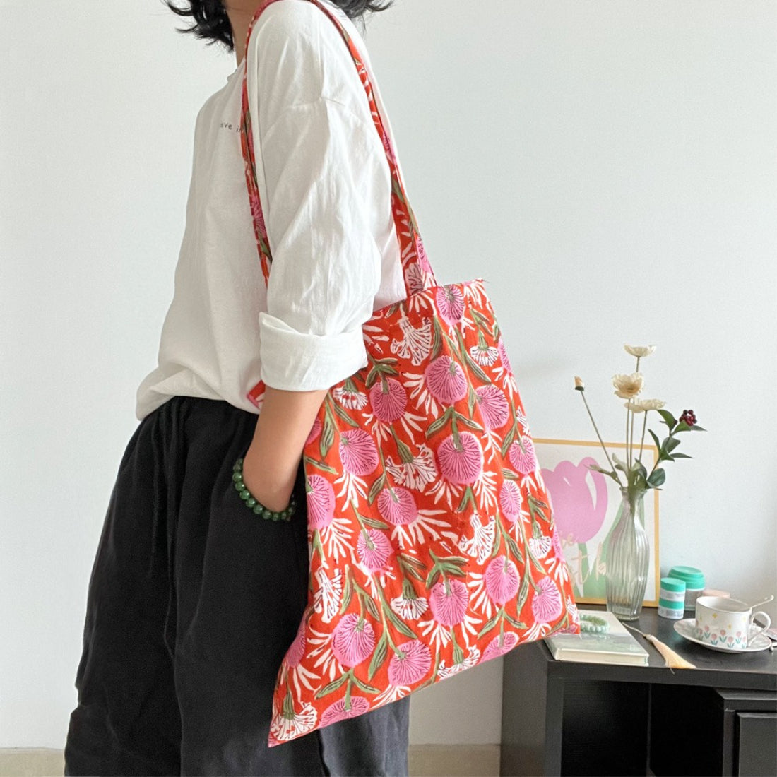 Side view of Cosbai Warm Floral Carryall Tote showing spacious interior and floral design