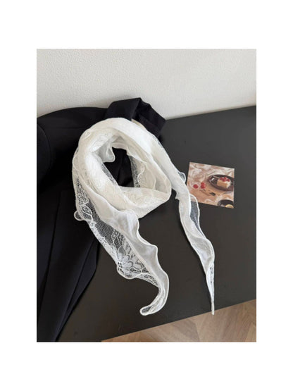 Lightweight lace edge headscarf displayed flat with visible lace border