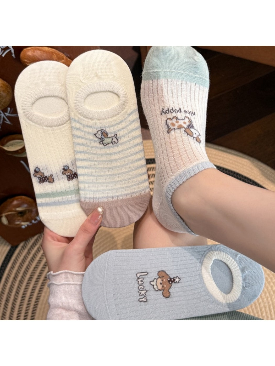 Rufia - Playful Cartoon Dog Striped No-Show Socks