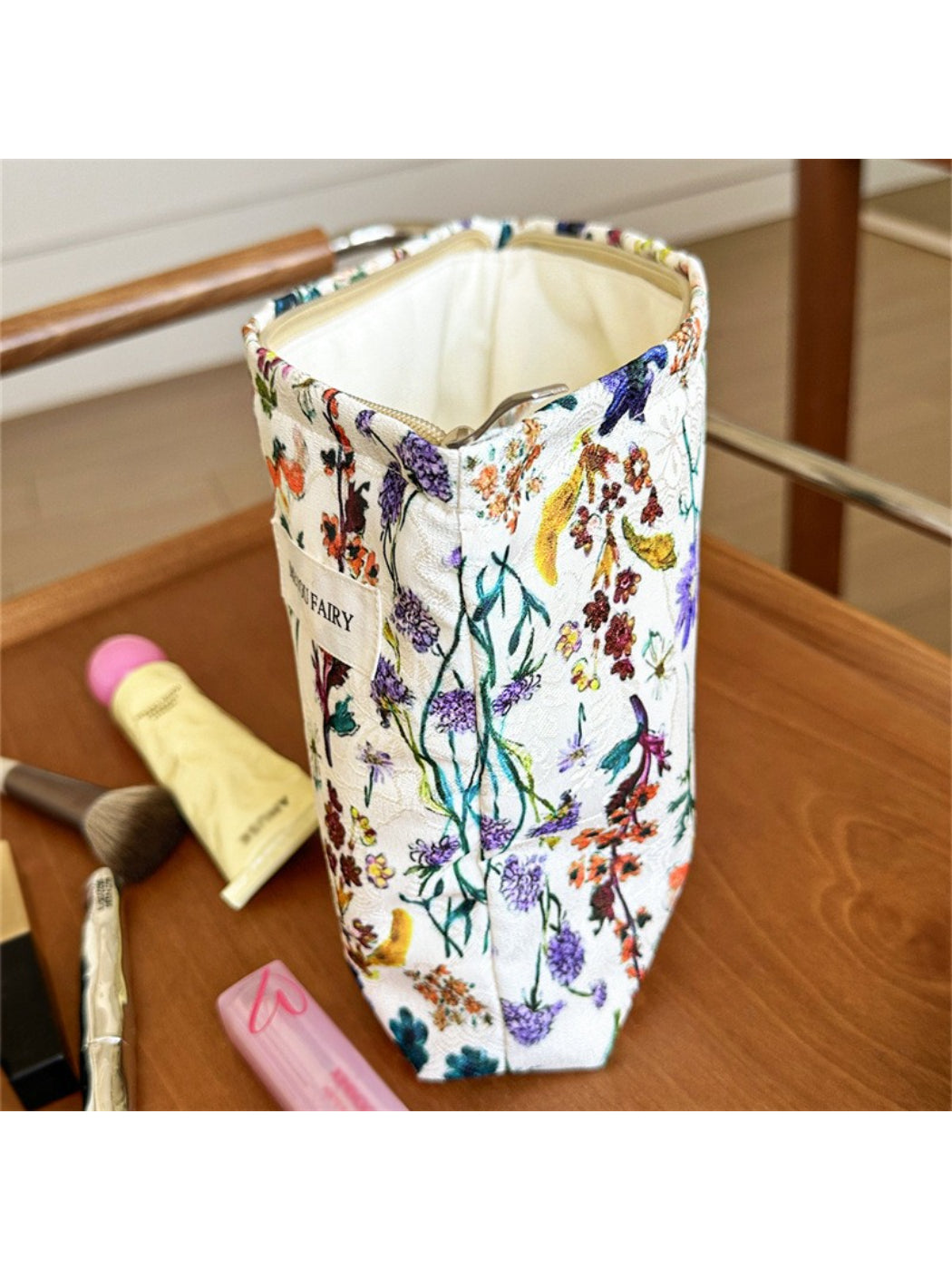 Close-up of Cosbai Wildflower Cosmetic Bag showing detailed wildflower design