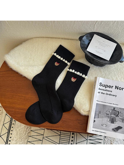 Rufia - Embroidered Animal Ribbed Folded Cuff Socks