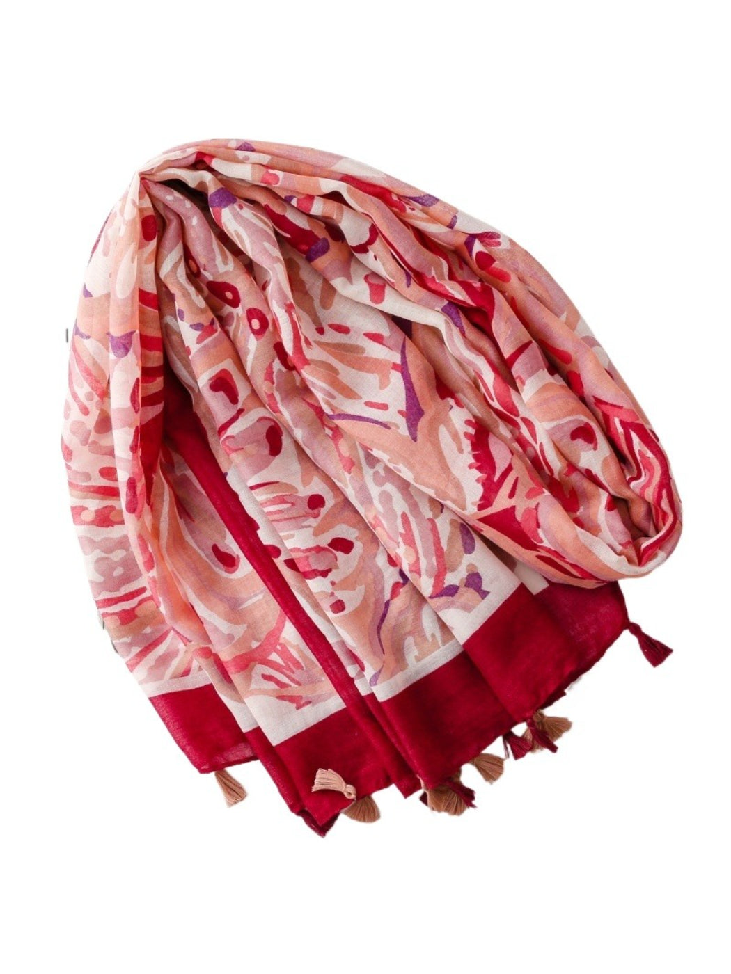 Model wearing Scarvii Coral Border Lightweight Scarf draped around neck with coral border visible