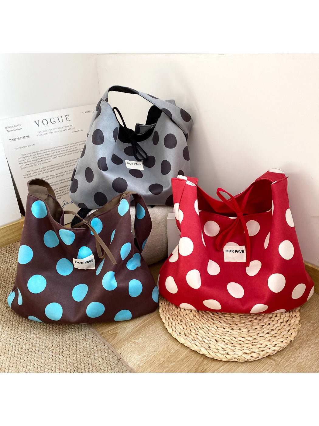 Cosbai Polka Dot Slouchy Shoulder Bag front view with black and white pattern