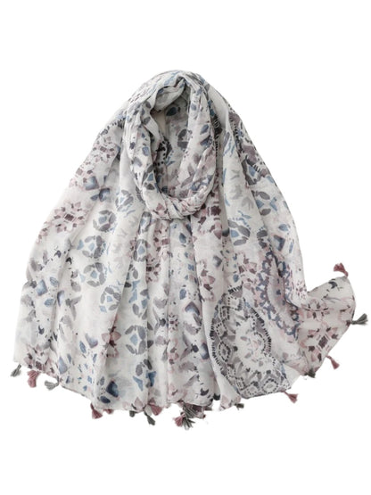 Scarvii - Neutral Watercolor Floral Tassel Wrap Scarf