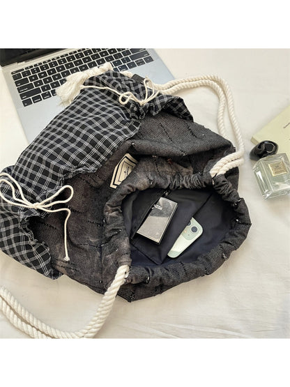 Cosbai casual patchwork backpack bag placed on wooden surface