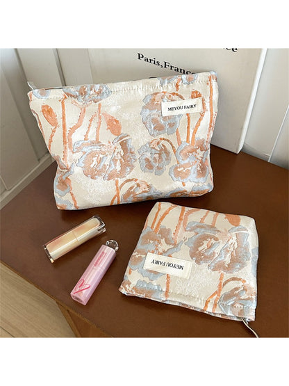 Close-up of the floral pattern on Cosbai Artistic Bloom cosmetic bag