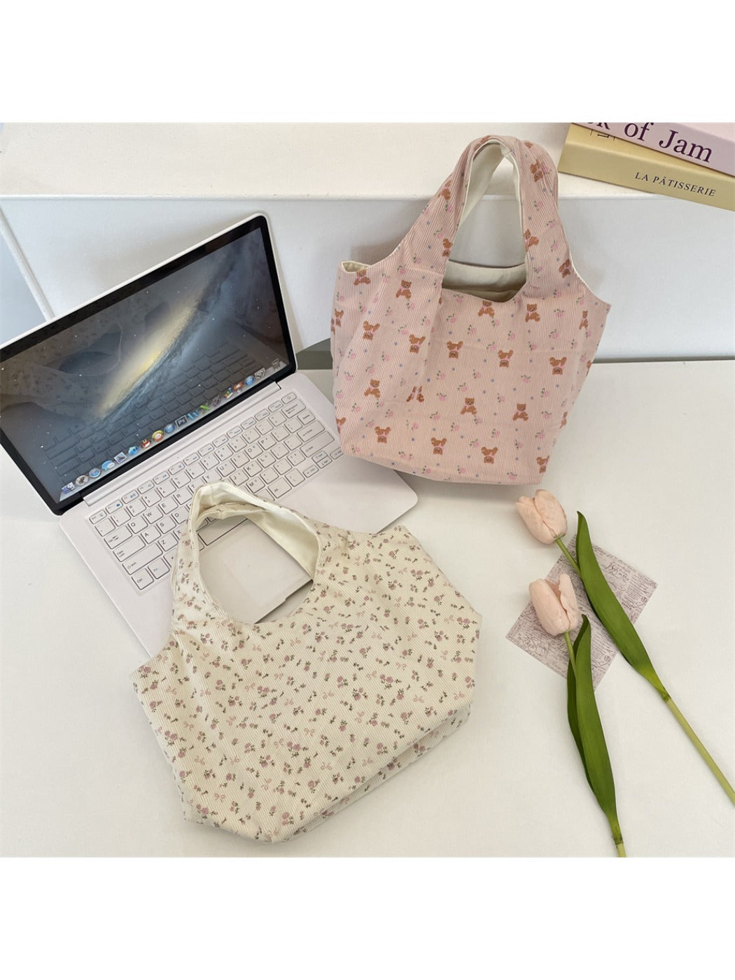 Cosbai - Corduroy Cartoon Print Small Tote Bag