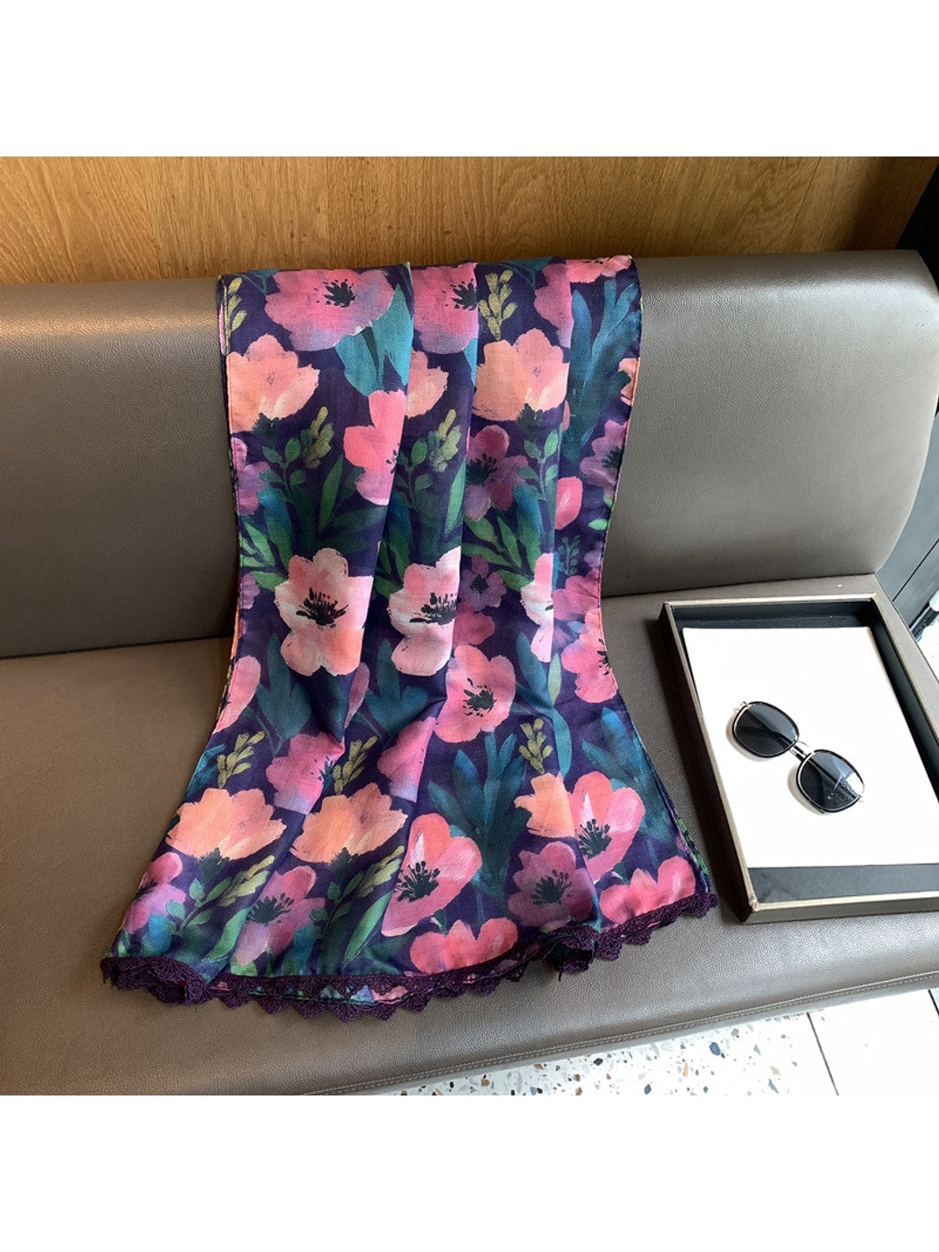 Scarvii - Dark Floral Print Long Shawl Scarf