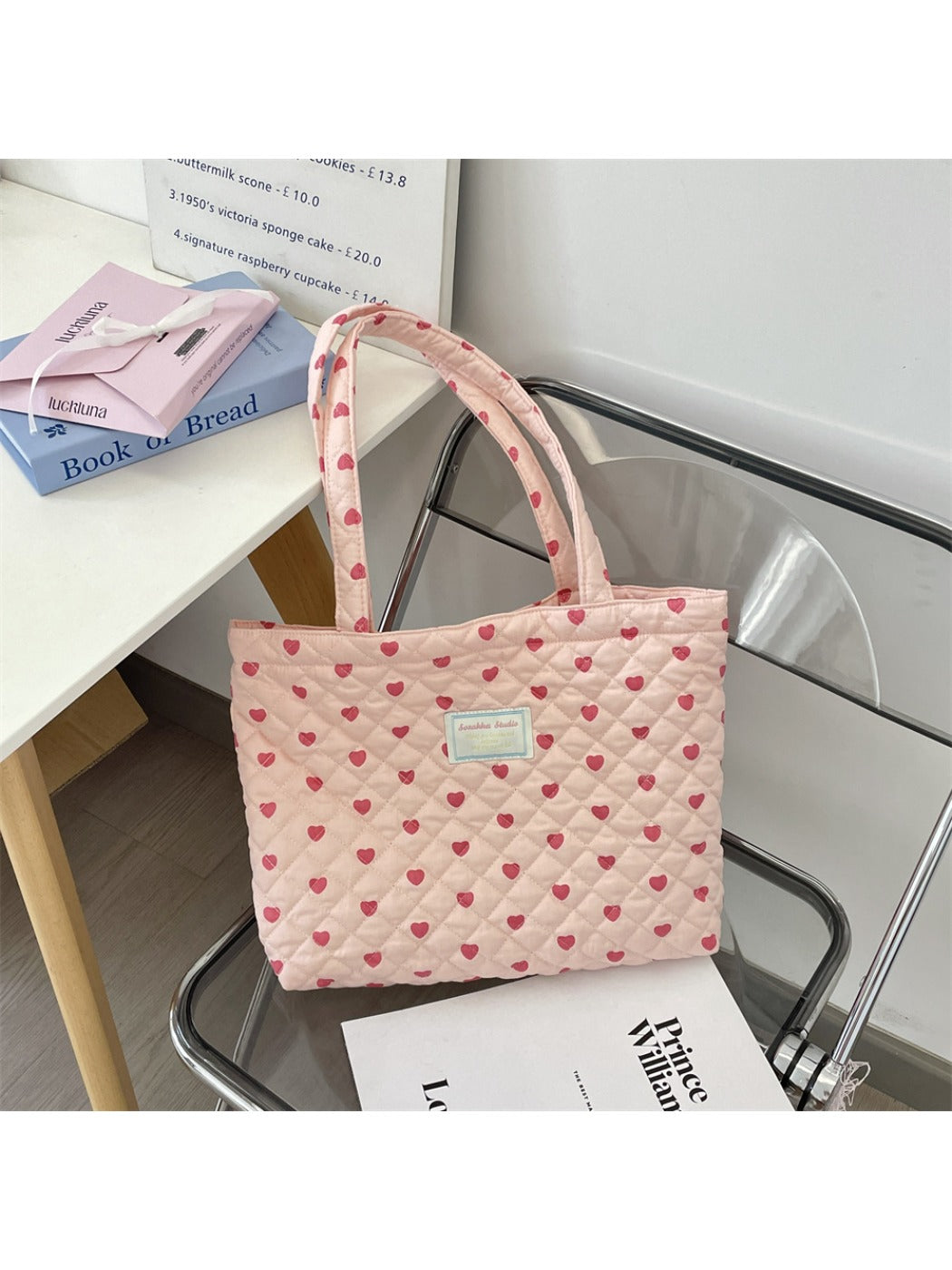 Cosbai - Tote Bag with Heart & Plaid Pattern