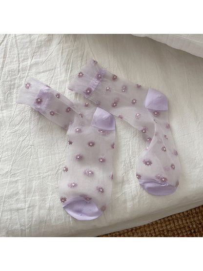 Rufia - Floral Pattern Sheer Crew Socks